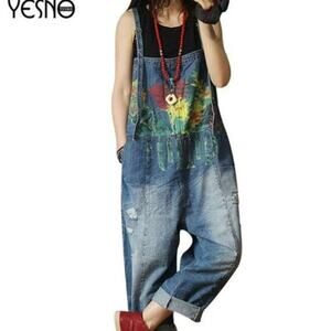 YesNo slouchy baggy denim jean overalls jumper painted boho artist grunge